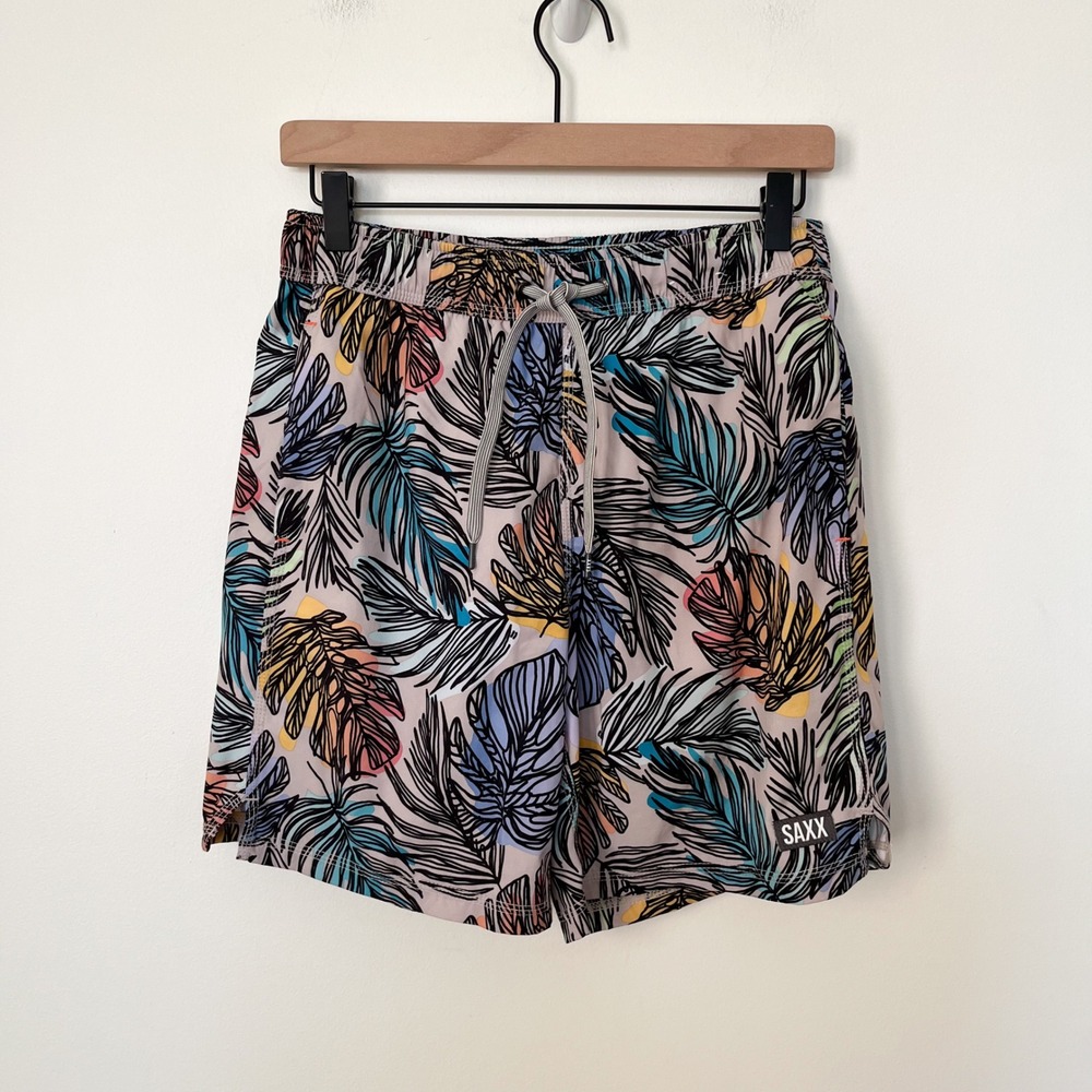 SAXX Ballpark Pouch Oh Buoy 2N1 Volley 7" Swim Short Mens‎ Small Palm Print